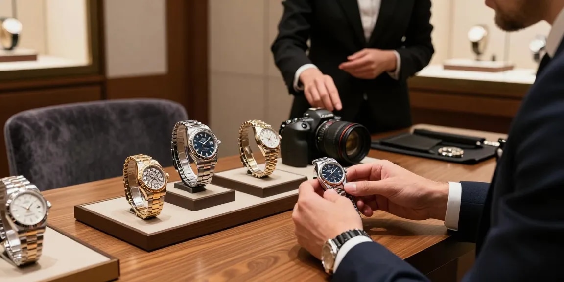Replica watches displayed in an upscale boutique setting, showcasing luxury and craftsmanship.