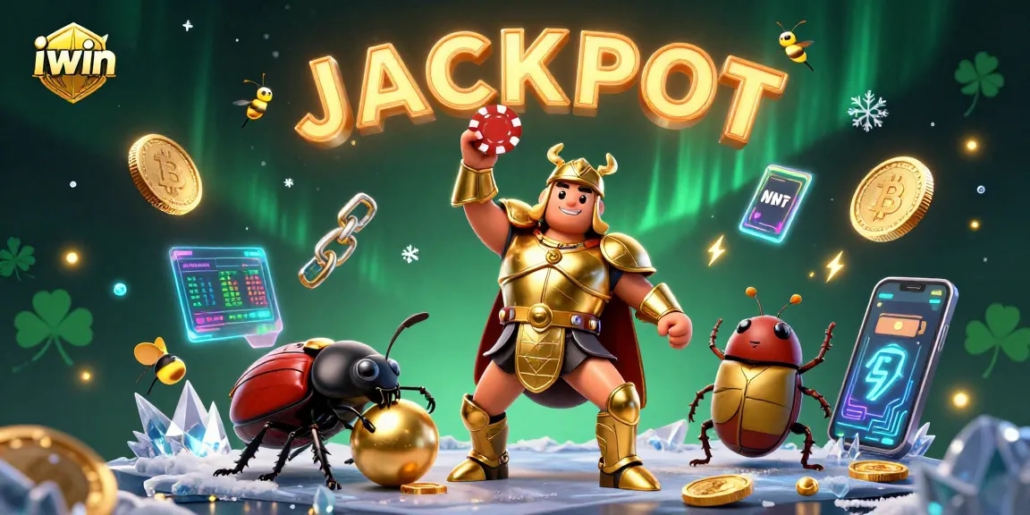 Engage with iwin as a 3D cartoon beetle celebrates a jackpot win amidst glowing digital currency elements.