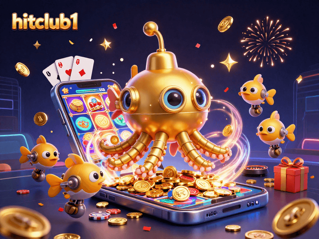 hitclub1 immerses players in a vibrant 3D karting casino scene with gold coins and slot games.