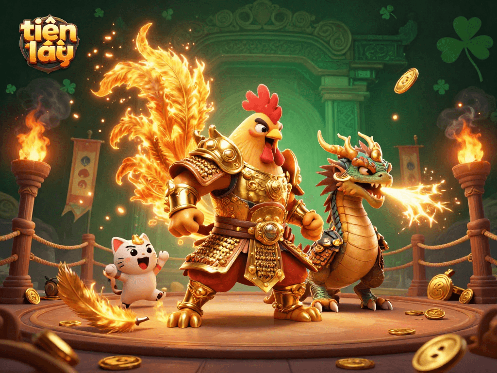 Engage in tiến lên with a powerful fighting rooster and dragon in a dynamic casino scene.