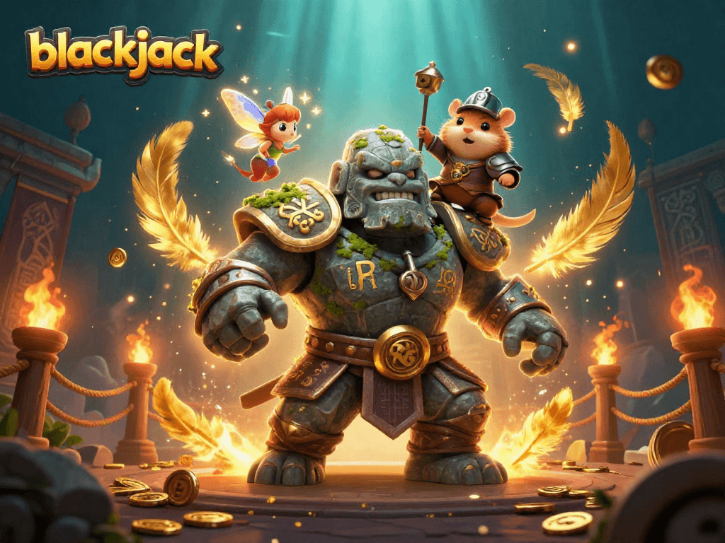 Experience thrilling blackjack action with a magical golem, fairy companion, and knight surrounded by casino elements.