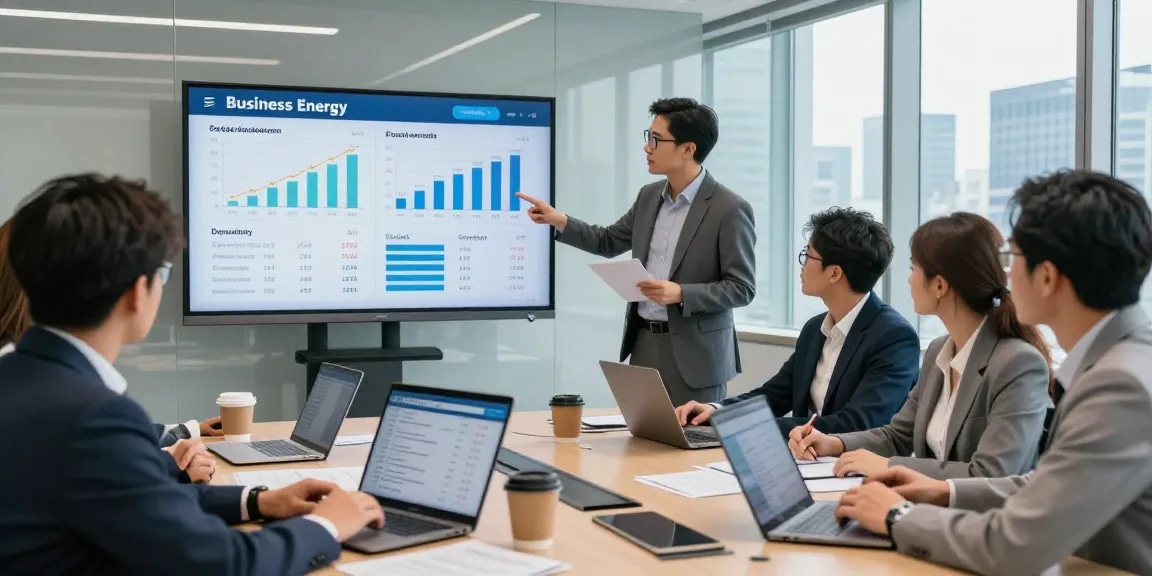 Team discussing business energy prices in a modern conference room, analyzing savings and supplier options.