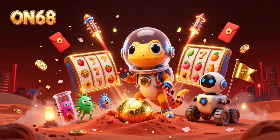 Experience excitement at ON68 as a Martian gecko uncovers a golden casino in a cosmic adventure.