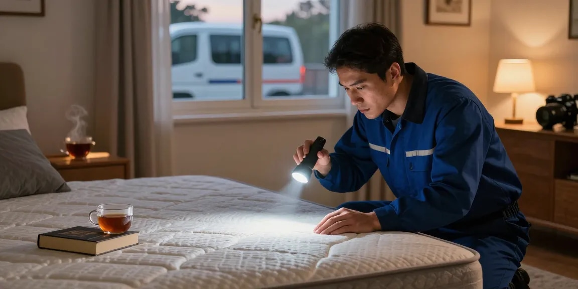 bed bug exterminator inspecting a mattress in a cozy bedroom setting, ensuring discreet pest control.
