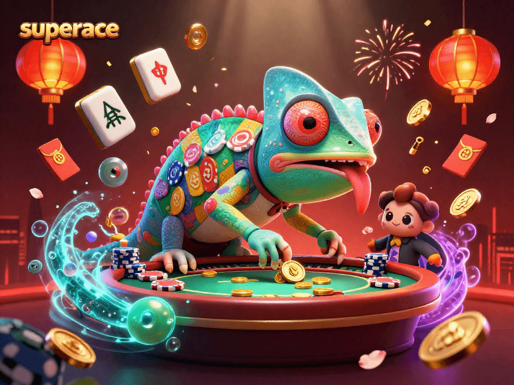 Engage with the superace game in this vibrant illustration showcasing a chameleon casino owner and winning elements.