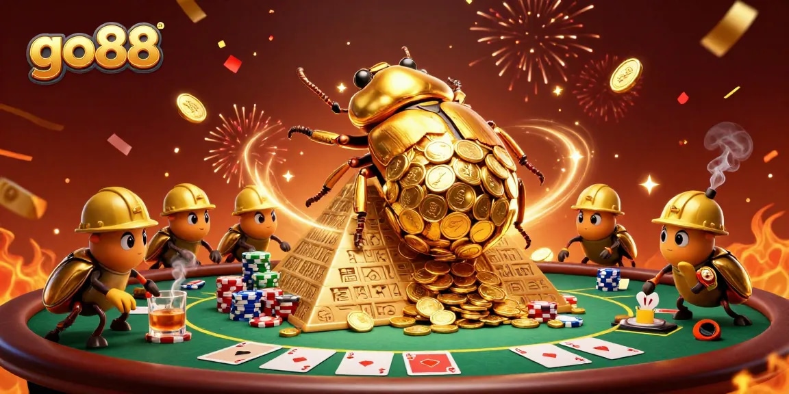 Engage with go88 in a vibrant 3D casino scene showcasing the thrill of poker and celebration.