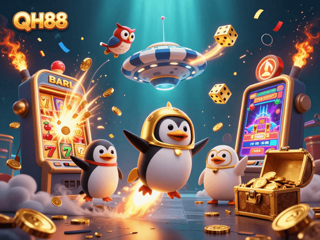 Engage with QH88: A vibrant space-themed casino adventure featuring golden coins and slot machines.