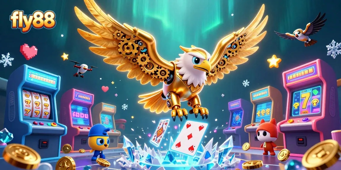 Experience exhilarating gameplay at fly88 with a cinematic 3D illustration featuring golden eagle and vibrant arcade elements.