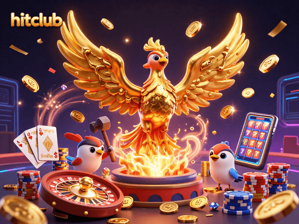 Experience the excitement of hitclub with a dynamic casino scene featuring a golden phoenix and sparkling gems.
