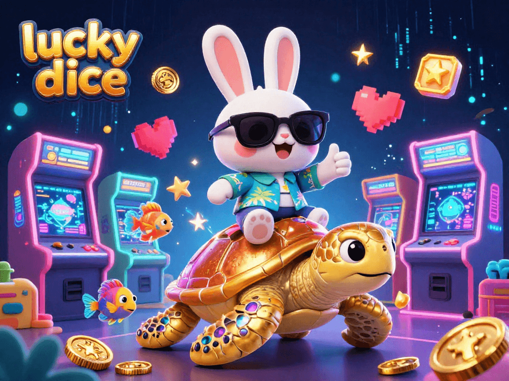 Play lucky dice with an adorable 3D cartoon lucky rabbit and a giant golden sea turtle amidst a vibrant gaming environment.