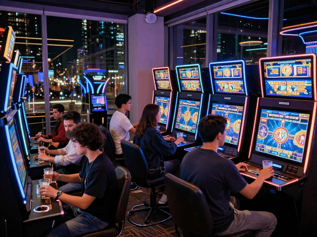 Exciting crypto casino gaming scene with players at vibrant machines and neon lights.