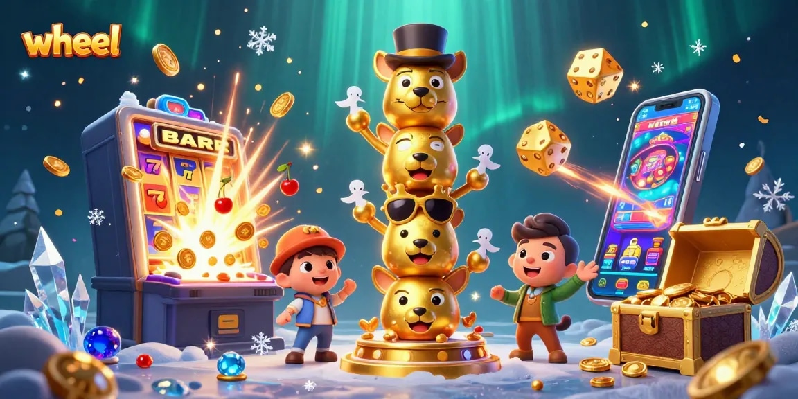 Spin the wheel to discover exciting prizes with vibrant casino elements and animated golden totems.