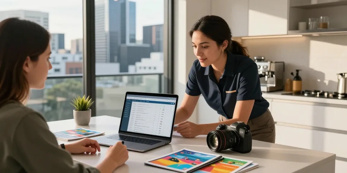 Managed hosting for Melbourne Airbnbs with a property manager and homeowner discussing listings in a modern kitchen, showcasing digital analytics.