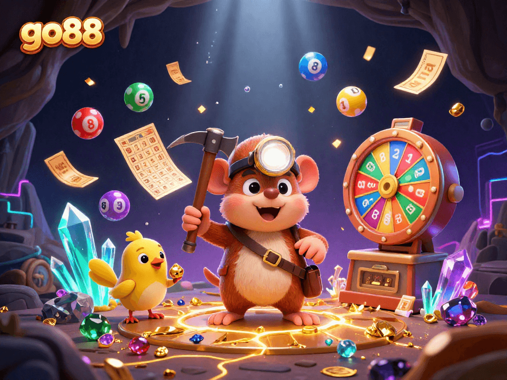Join the excitement of go88 with this vibrant illustration featuring a treasure hunter mole and canary in a thrilling lottery scene.