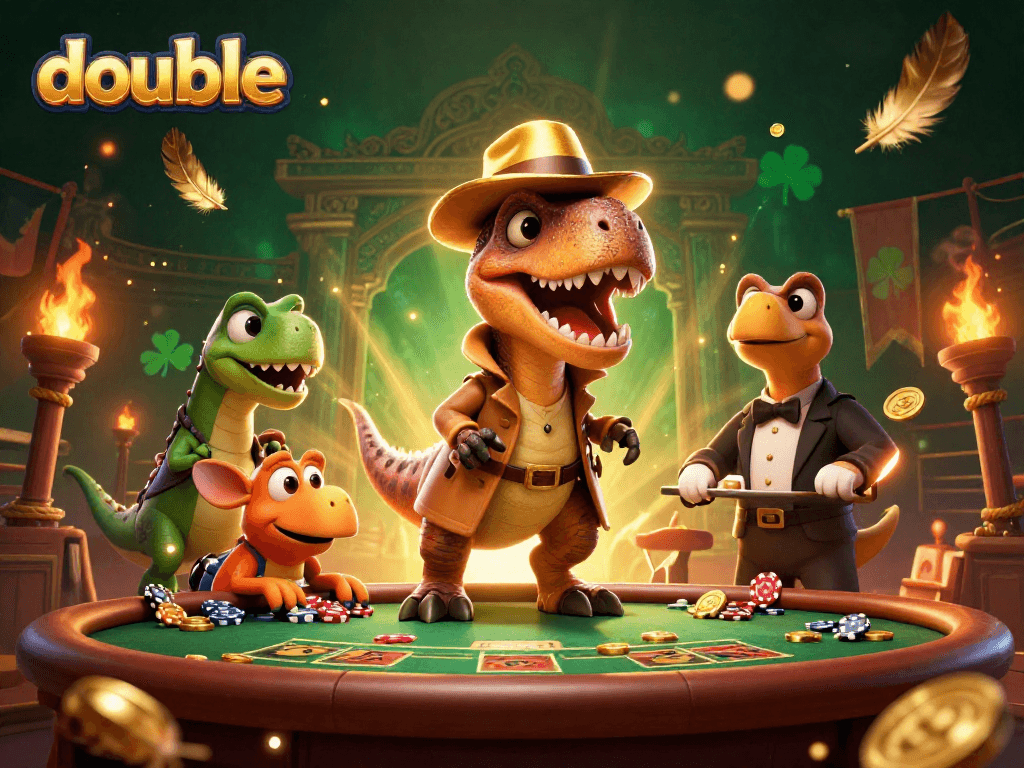 Engage with thrilling double action featuring a velociraptor in disguise at a vibrant casino table.