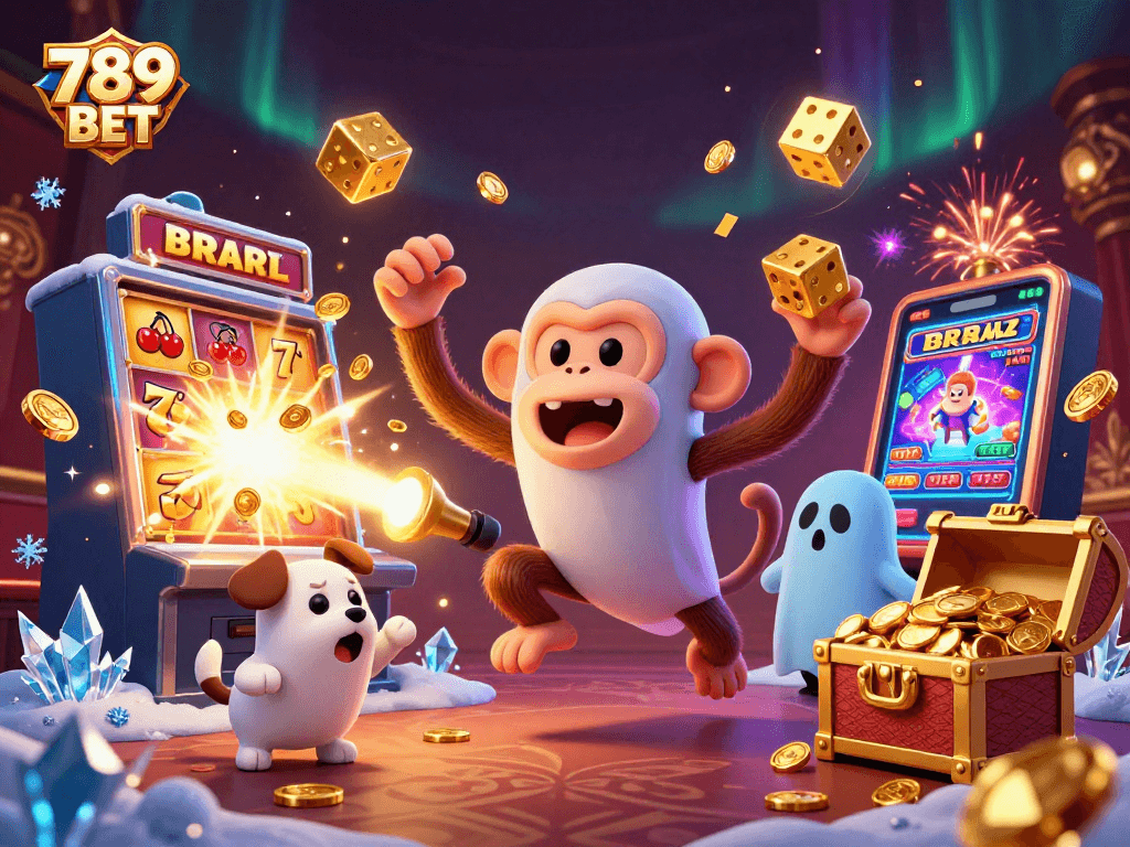 Experience the fun of 789 BET in a vibrant casino scene, featuring a mischievous poltergeist monkey and a ghost-hunter puppy.