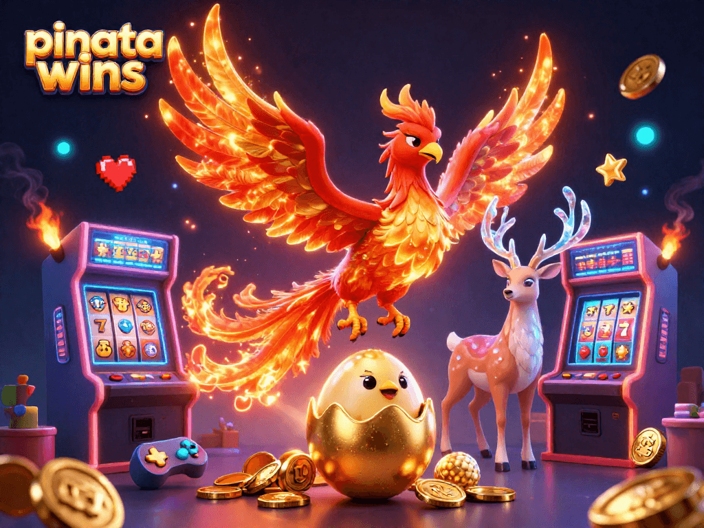 Experience exhilarating pinata wins with a vibrant scene showcasing a Phoenix and gaming elements in action.
