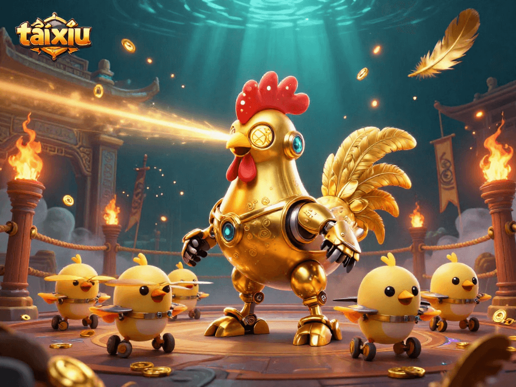 Experience thrilling tài xỉu action with golden rooster robot and baby chick drones in dynamic casino atmosphere.