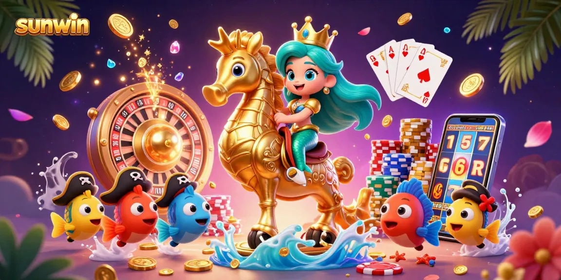 Engage with sunwin's dynamic 3D casino adventure featuring a mermaid princess, seahorse, and vibrant gaming elements.