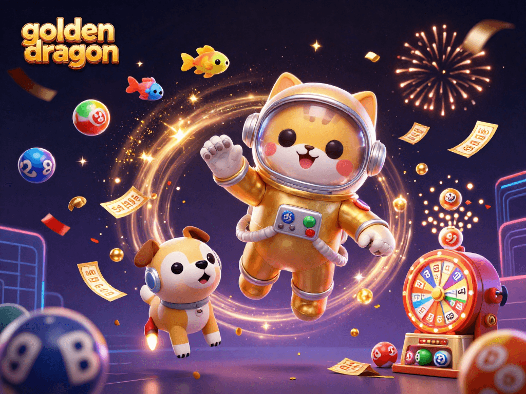 Engage with golden dragon slots through an immersive 3D digital illustration of exciting gaming elements.