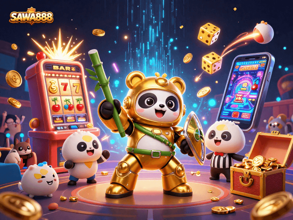 SAWA888 showcases an exhilarating casino scene where players score jackpots from dynamic slot machines.
