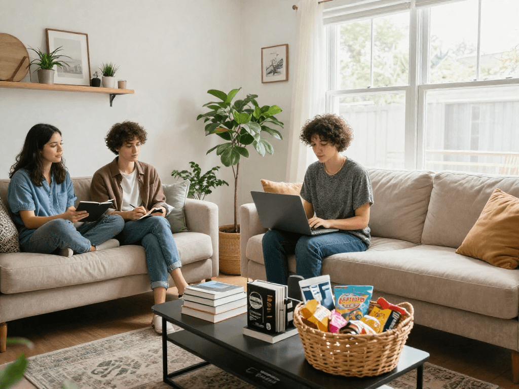 How much does Airbnb take from hosts in a welcoming living room setup highlighting a host interacting with guests.
