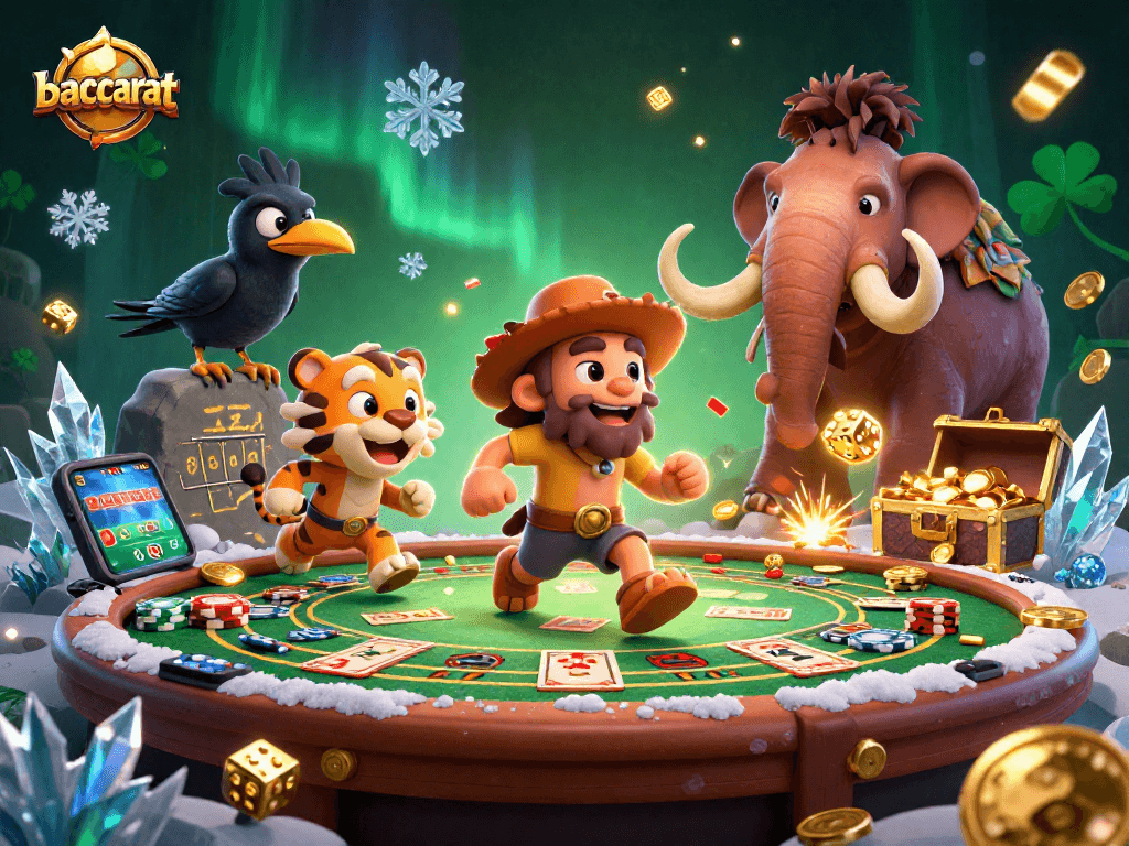 Baccarat scene featuring a caveman and sabertooth tiger amid vibrant casino elements, showcasing dynamic gameplay.