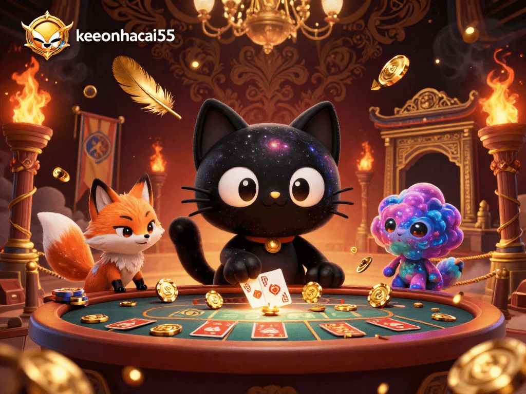 Feel the gravitational pull of keonhacai55 at a cosmic casino table bursting with vibrant chips and characters.