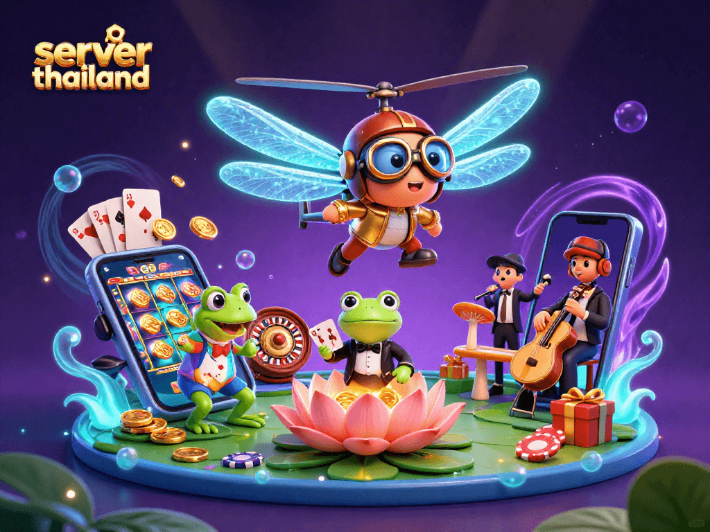 Engage with exciting slot games on server thailand as you watch a frog croupier deal cards in an enchanting casino scene.