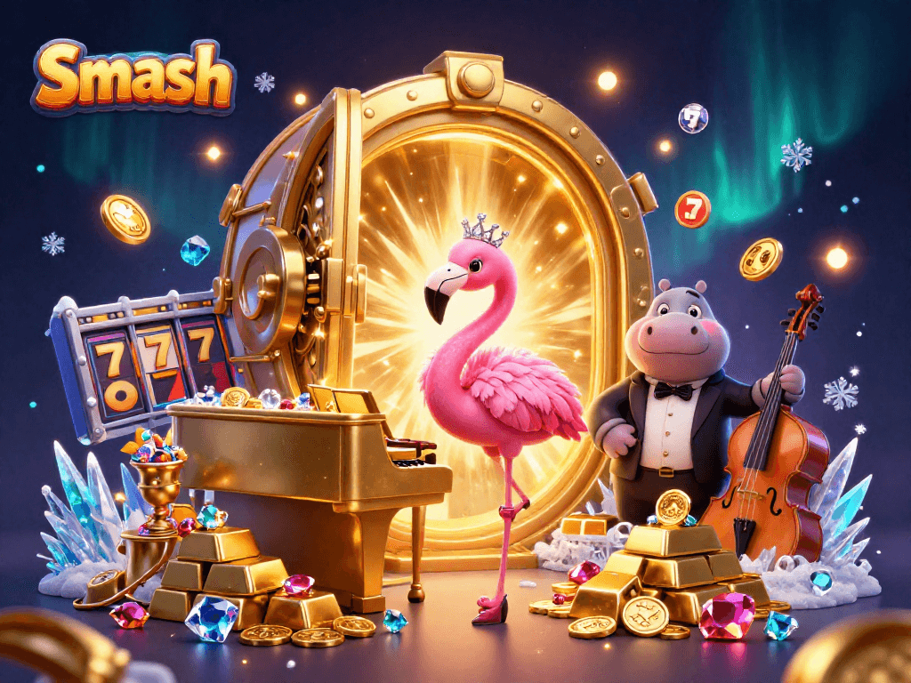 Play at Smash Casino and win big with vibrant colors and dynamic casino elements in this 3D illustration.