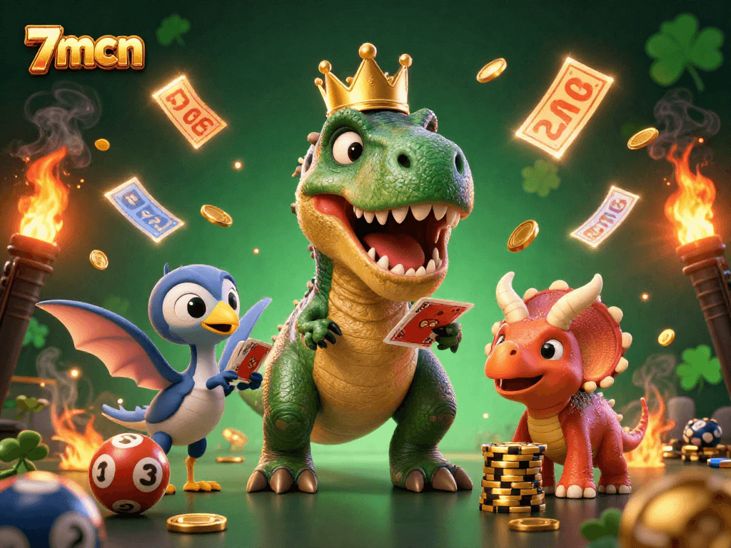 Experience the excitement of 7mcn Keno gameplay with vibrant characters shuffling cards and stacking chips.