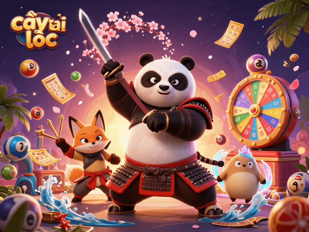 The fierce 3D cartoon samurai panda in magical 3D environment enhances the cây tài lộc gaming experience.