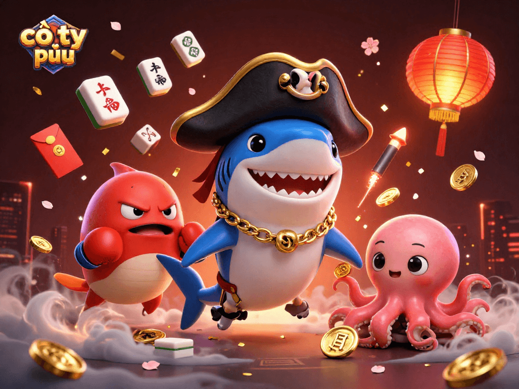 Cờ tỷ phú showcases a vibrant scene with a pirate shark and friends amidst colorful game elements.