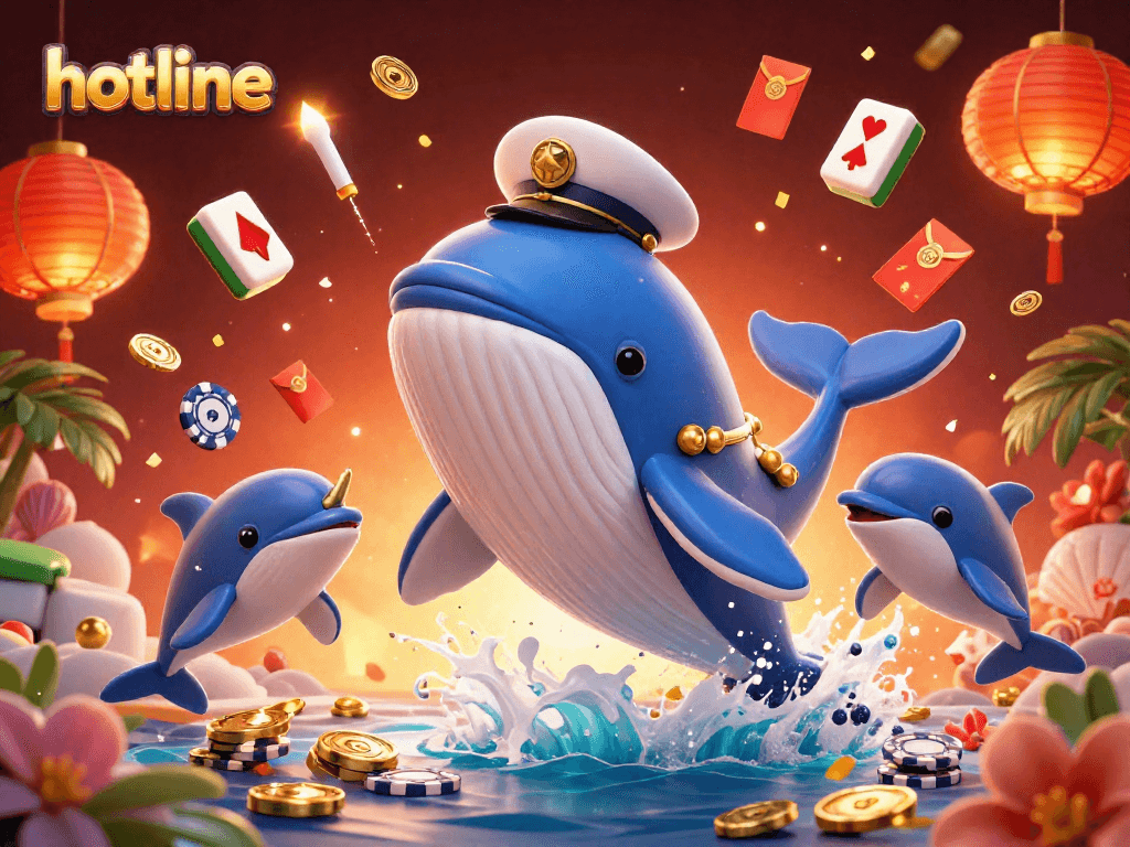 Engage with the hotline gameplay featuring a lively whale and companions amidst cascading coins and festive decorations.
