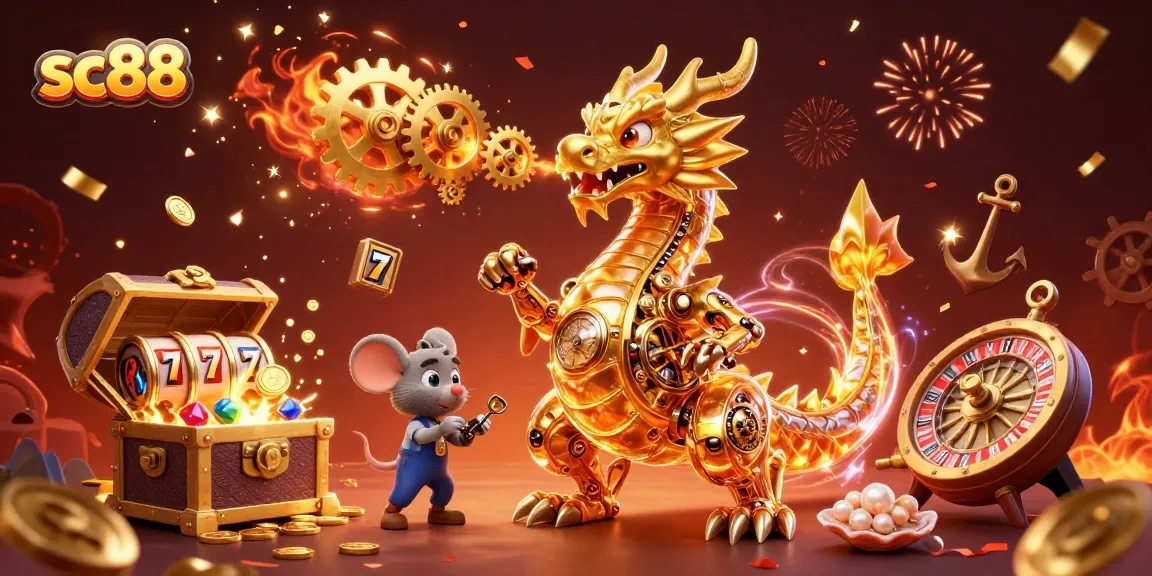 Experience the thrill of sc88 with a golden dragon and vibrant casino elements in a magical scene.