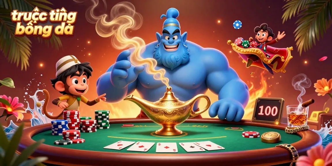 Experience the thrill of trực tiếp bóng đá with a lively, colorful illustration showcasing magic elements, poker chips, and vibrant action.