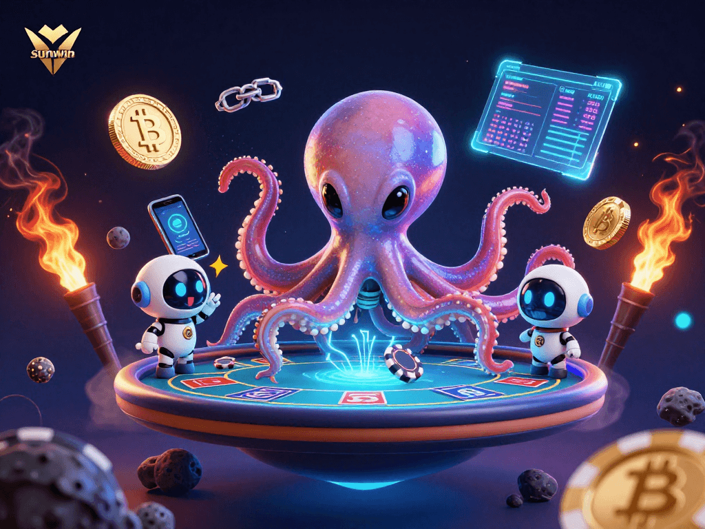 Engage with sunwin's gaming universe featuring a 3D alien octopus playing poker with cryptocurrency elements