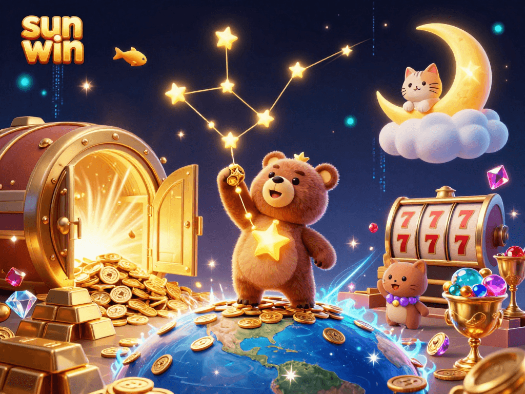 Engage with sun win gaming excitement as a constellation bear scoops coins amid vibrant casino riches.