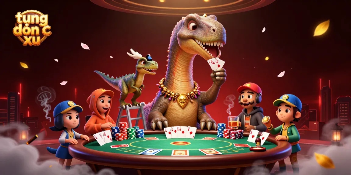 Tung đồng xu game illustration featuring a brontosaurus, raptor dealer, poker elements, and vibrant casino atmosphere