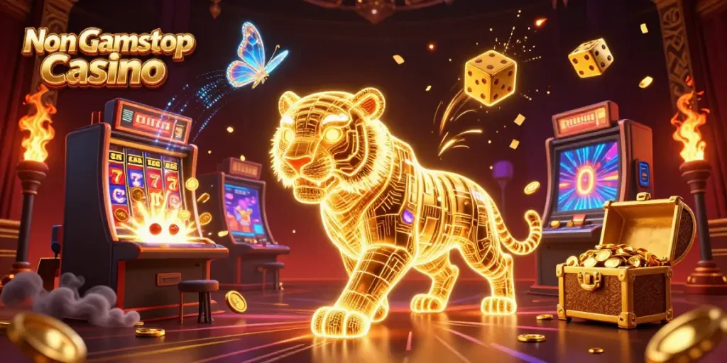 Experience the thrill of a Non Gamstop Casino with a glowing tiger in a vibrant digital landscape.