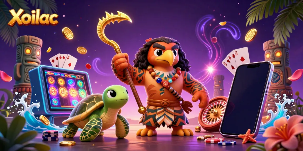 Xoilac showcases a vibrant scene with a Polynesian demigod hawk and casino elements for a thrilling experience.