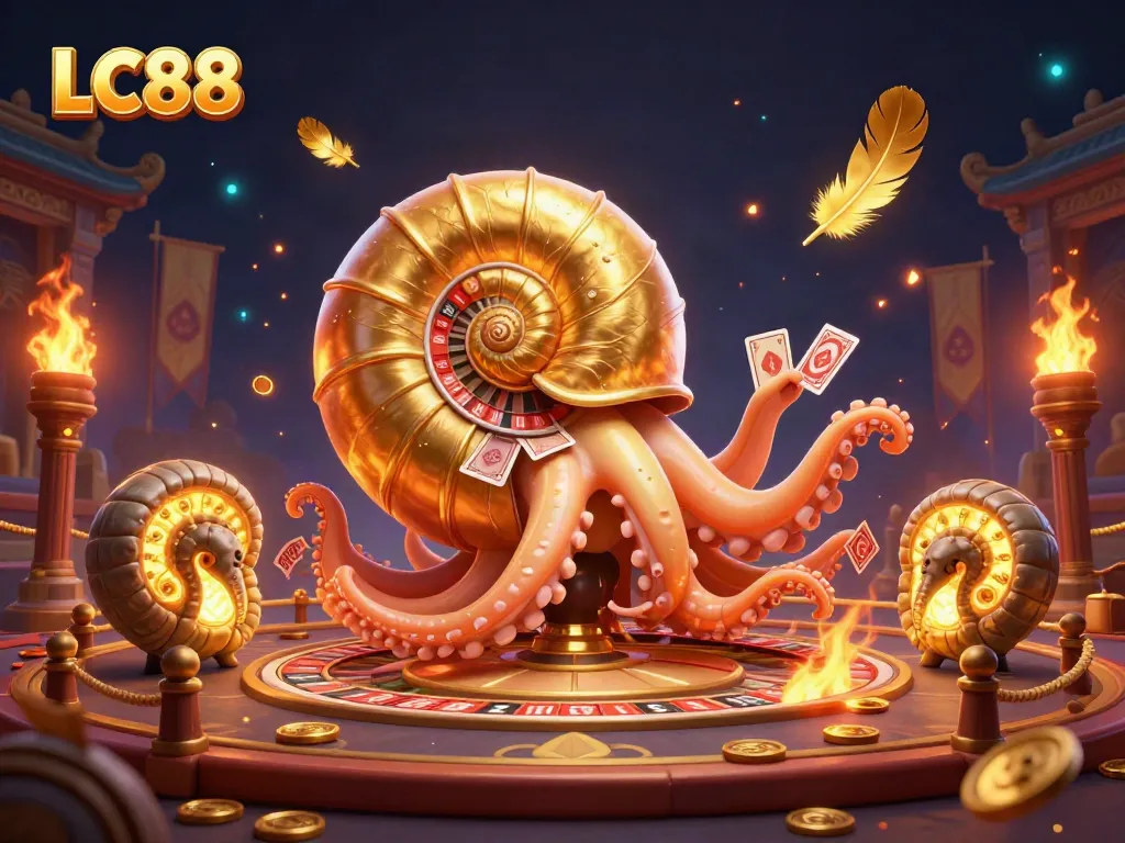 Engage with the vibrant LC88 casino scene featuring a giant nautilus and glowing ammonites.