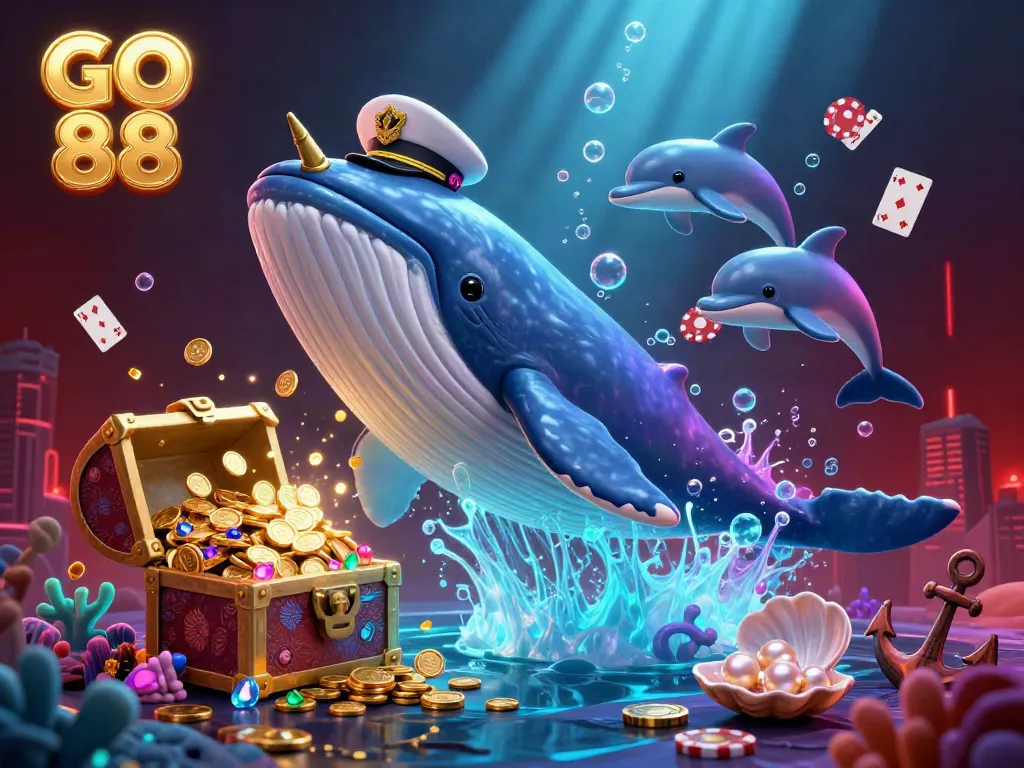 Engage with GO 88's vibrant scene featuring a whale and dolphins amidst gold coins and casino elements.