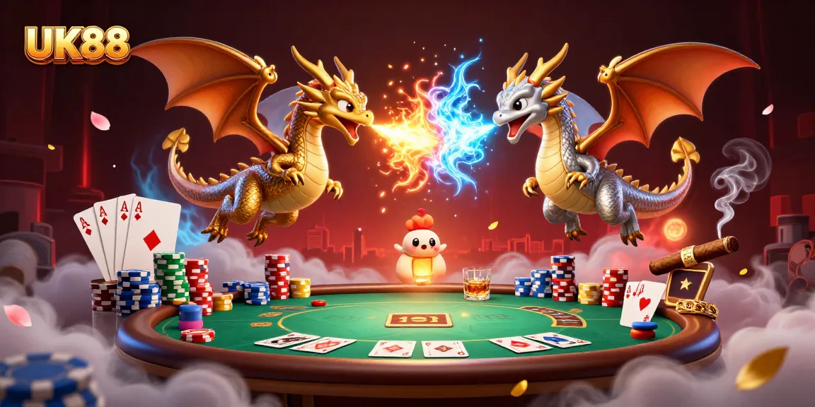 Players engage in thrilling poker action at UK88, surrounded by dynamic dragon elements.