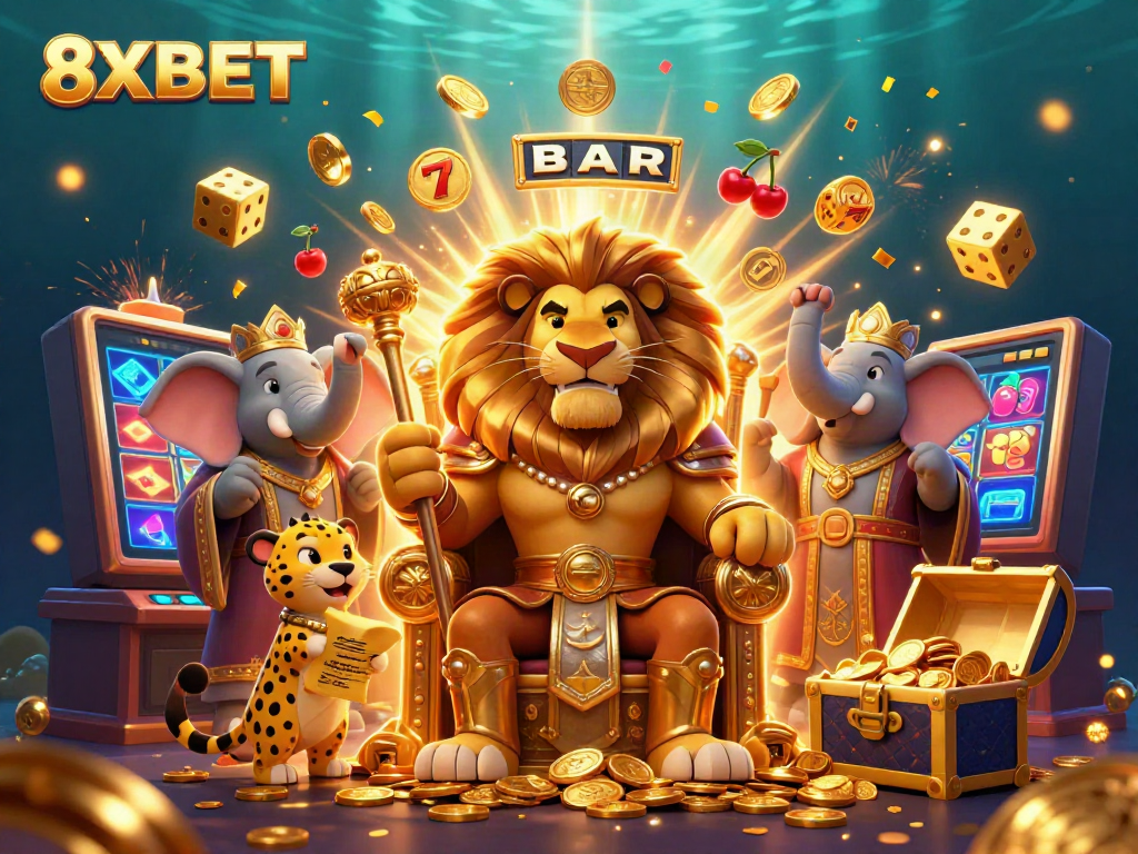Experience thrills with 8XBET at a vibrant casino scene featuring a lion king, elephant advisor, and cheetah messenger.