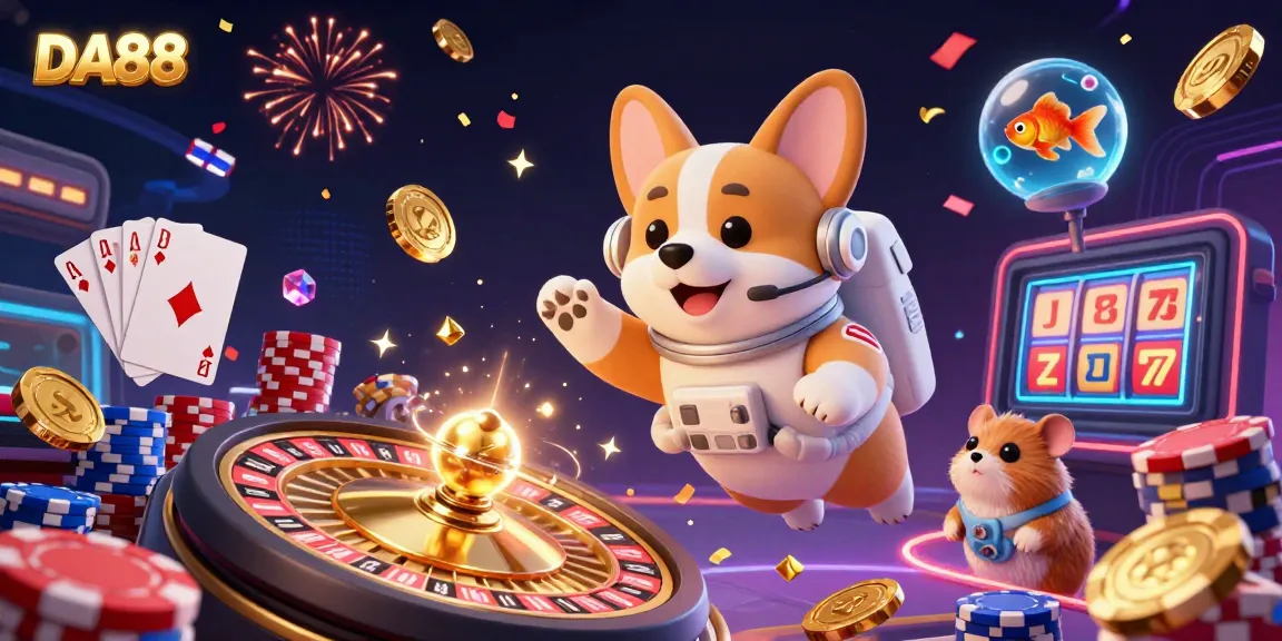 Experience the excitement of DA88 in a vibrant casino scene featuring a 3D astronaut corgi and dynamic gaming elements.