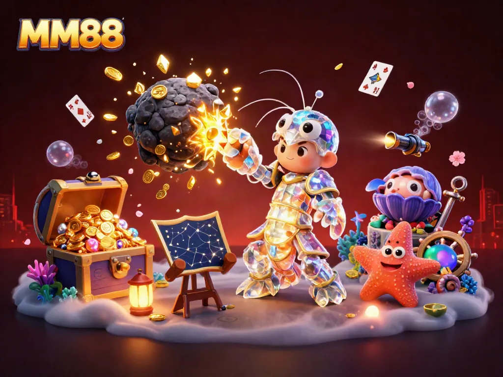 MM88 showcases a galactic samurai mantis shrimp amidst gold coins and treasure in a vibrant casino-themed scene.