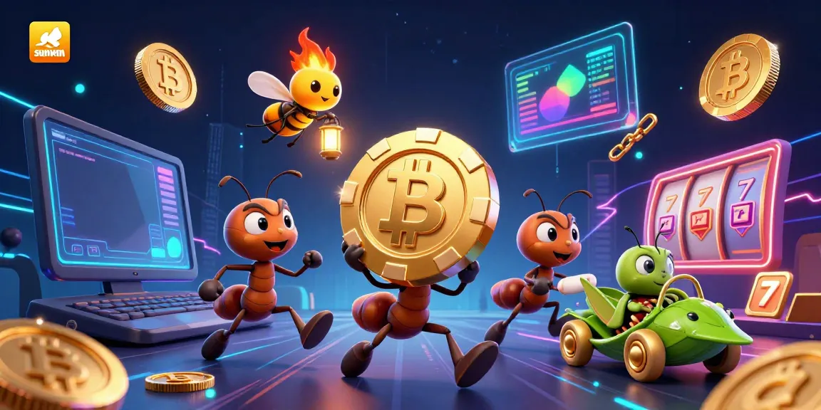 Engage with sunwin's dynamic gambling adventure featuring ants with a golden poker chip and vibrant 3D gaming elements.
