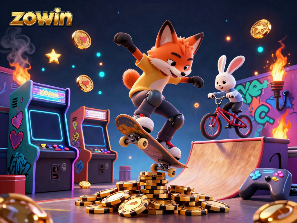 Zowin showcases dynamic gaming with an illustrated fox and rabbit in a casino adventure.