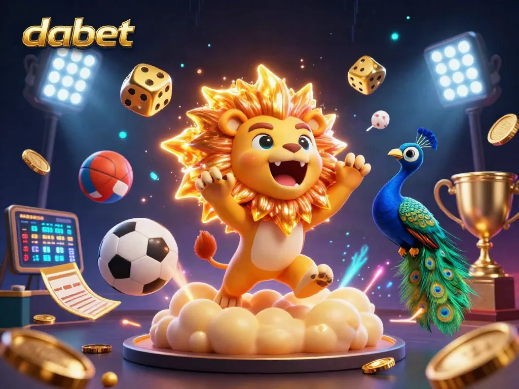 Dabet offers thrilling winnings with a vibrant sports-themed 3D illustration, showcasing gaming excitement.